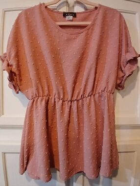 ADARA dusty Rose Babydoll Short Ruffle Sleeve Swiss Dot, Elastic Waist Top L